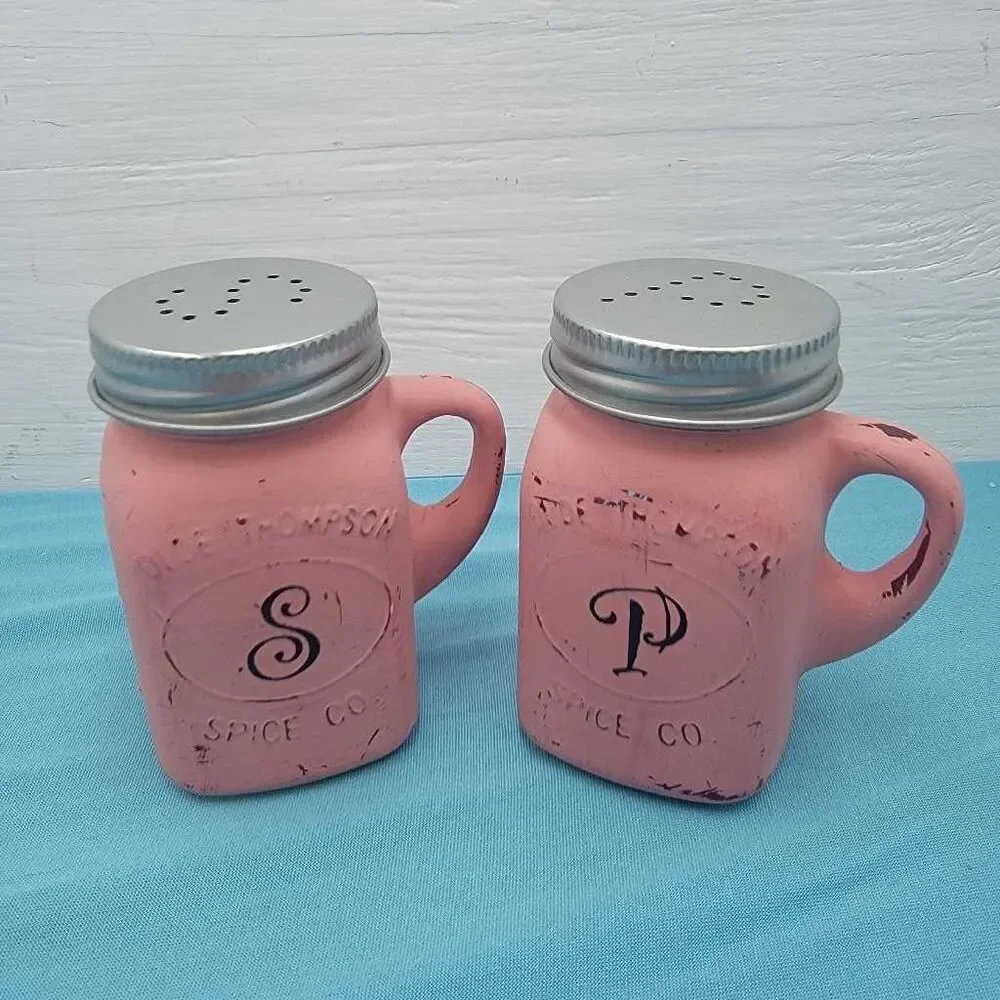 Pink Coral Mason Jar Salt Pepper Shakers Set Handle Farmhouse Kitchen Decor